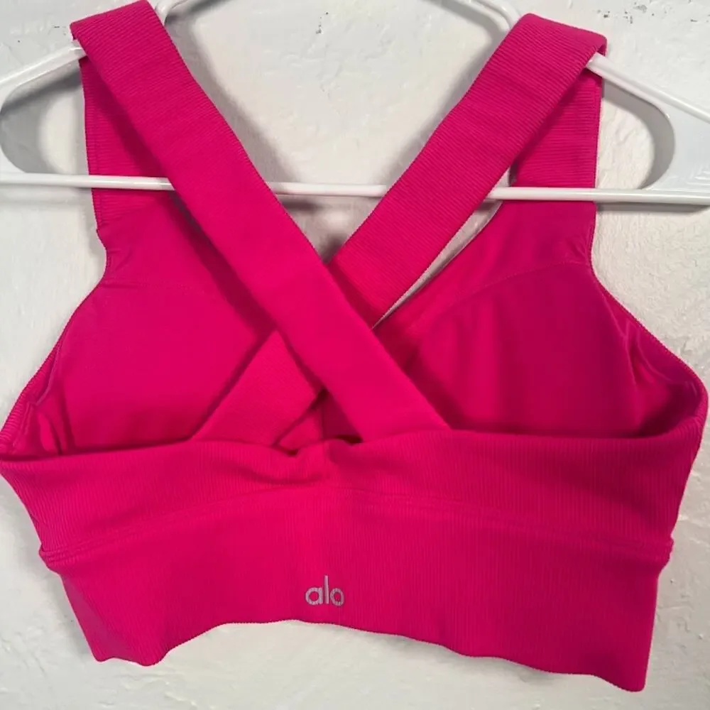 Alo Yoga Emulate Bra S Hot Pink Ribbed Sports Bra Cross Back Pilates Workout